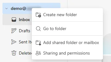The menu that opens when you right-click your email address, with Add shared folder or mailbox in the middle