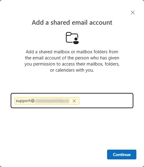 The Add a shared email account window with support@ in the address box and the Continue button