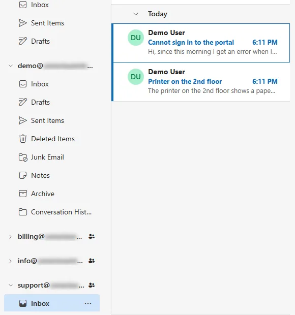 The folder list with billing@, info@ and support@ under the user's own mailbox, support@'s Inbox open and showing two emails