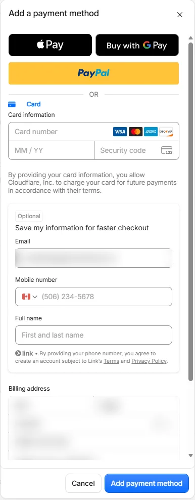 The Add a payment method window with card number, expiry and security code fields, the optional Save my information box, the billing address and the Add payment method button