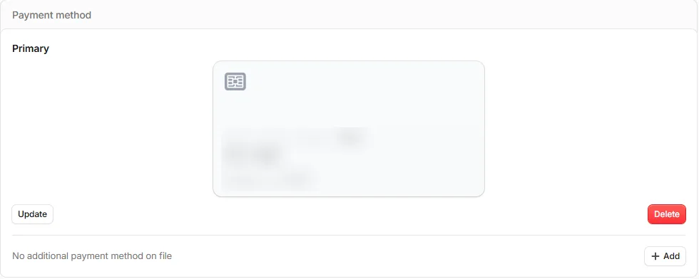 The Payment method section with a card listed as Primary, and Update and Delete buttons