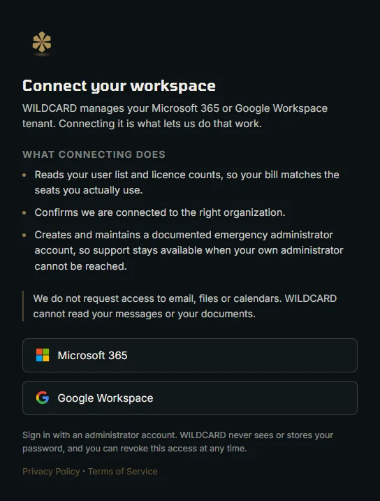 The Connect your workspace page listing what connecting does and two buttons, Microsoft 365 and Google Workspace