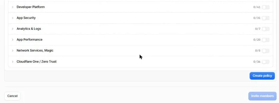 The bottom of the Invite members form with the Create policy button