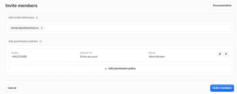 The policy summary showing Entire account and the Administrator role, with the Invite members button