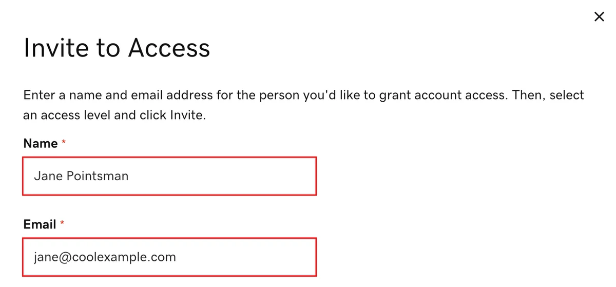 The Invite to Access form with Name and Email fields