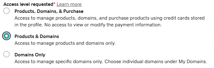 Three access levels, with Products and Domains selected