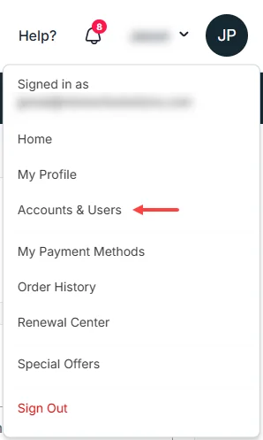 The Network Solutions account menu with Accounts and Users pointed out