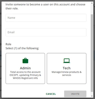 The invite form with Name and Email fields and the Admin and Tech roles