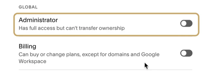 The Administrator switch circled in gold