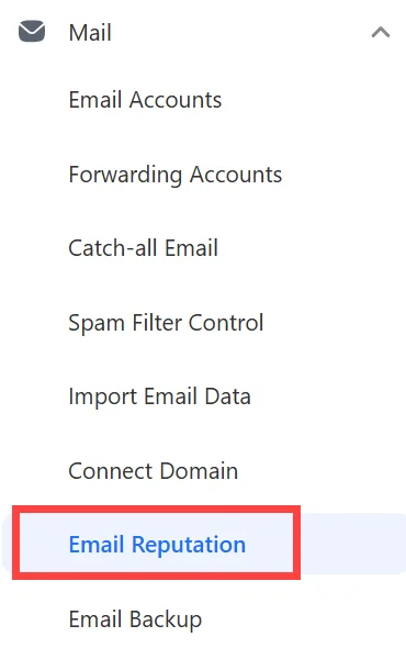 The Email Control Panel's Mail menu with Email Reputation outlined