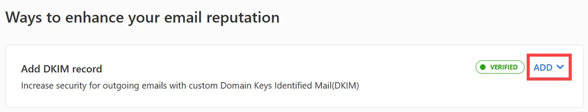 The Add DKIM record row with the Add option outlined