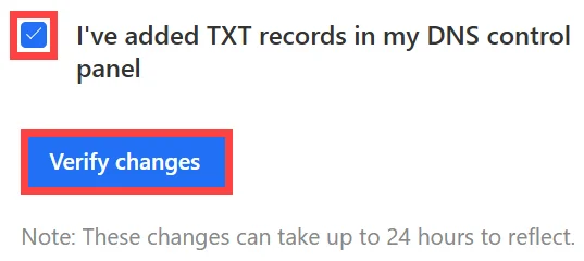 The checkbox for having added TXT records and the Verify changes button, both outlined