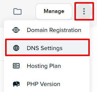 DreamHost's three-dot menu open, with DNS Settings outlined