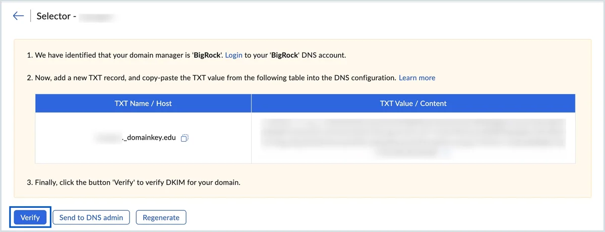 Zoho's selector page with the TXT name and value table and the Verify button outlined