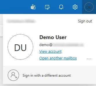 The profile menu at the top right of Outlook, with View account and Open another mailbox under the user's name