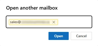 The Open another mailbox window with sales@ in the box and the Open button