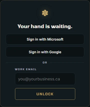 The portal sign-in screen: Sign in with Microsoft, Sign in with Google, or a work email box with an Unlock button