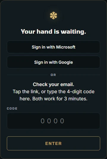 The sign-in screen after Unlock: Check your email, a 4-digit code box and an Enter button